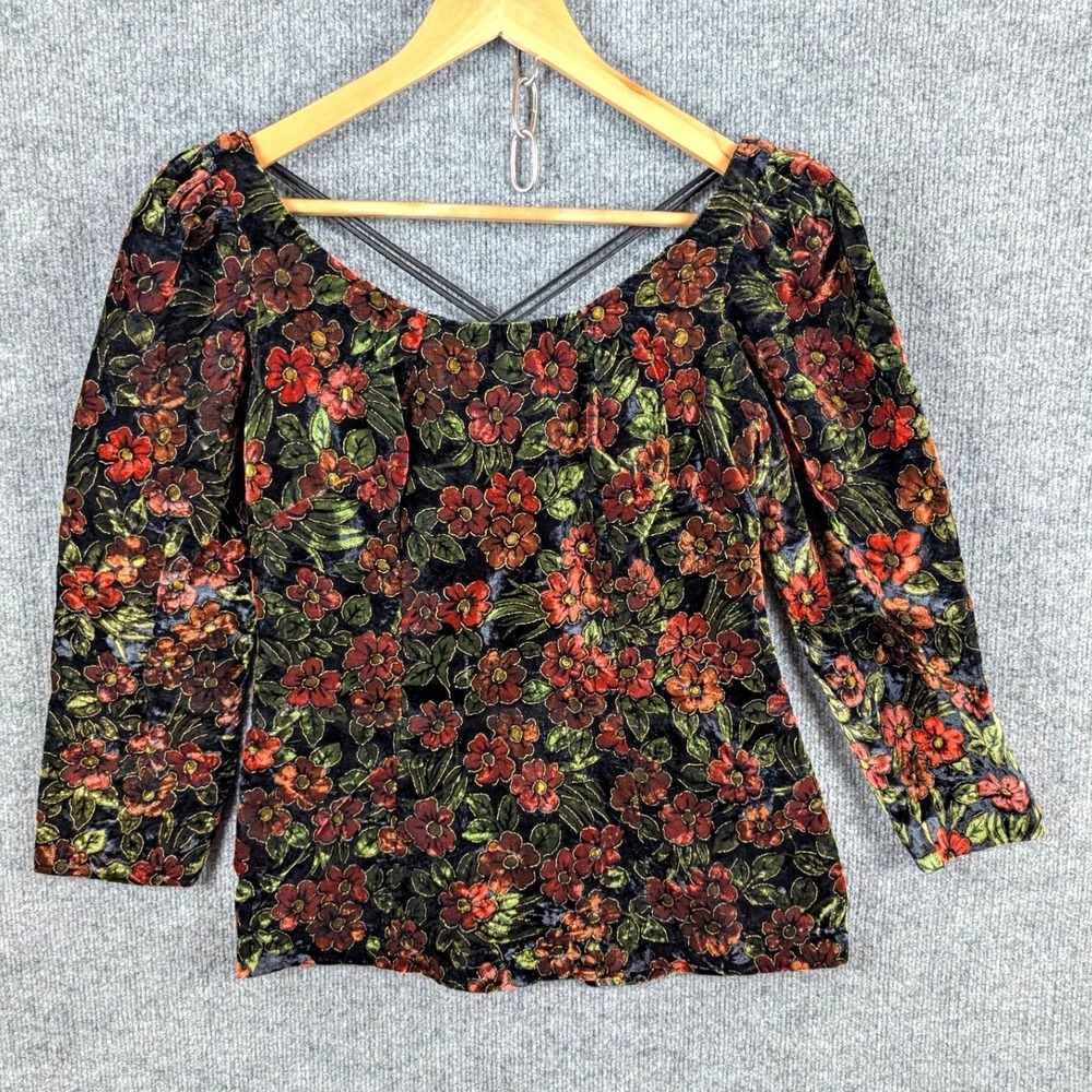 True Vintage Floral Velvet Top Red Orange Crisscross Back Button S Forest Fairy